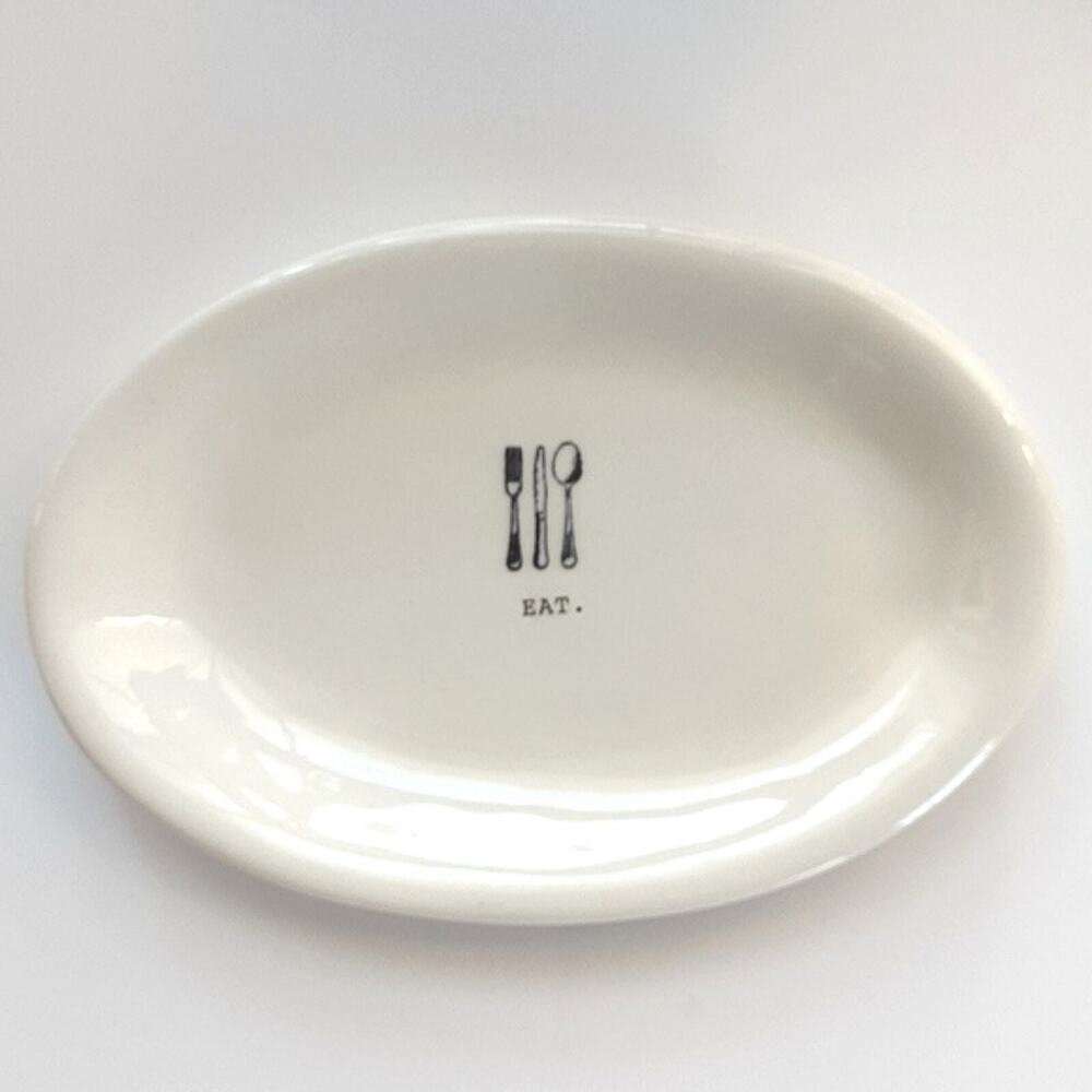 Rae Dunn Magenta EAT Fork Spoon Knife Minimalist Art Dish Decorative Oval Plate